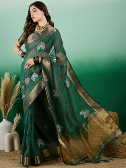 Suha - Women's Fashion Ethnic Green Colour Saree with Unstitched Blouse
