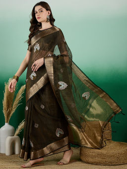 Suha - Women's Fashion Ethnic Olive Green Colour Saree with Unstitched Blouse