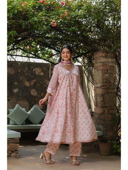 Anastay Clothing - Baby Pink Cotton Angarkha Style Kurta Pant with Dupatta (Set of 3)