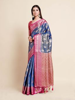 Mimosa - Women Traditional Ussi Kanjivaram Art Silk Blue Saree with Unstitched Blouse