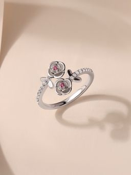 Ornate Jewels - 925 Silver Red Ruby Whispering Rose Adjustable Ring for Women & Girls