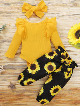 Hopscotch - Girls Yellow Floral Print Onesie and Pant with Headband