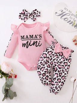 Hopscotch - Girls Pink Text Print Onesie and Pant with Headband