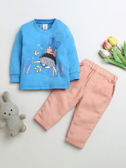 Hopscotch - Boys Blue and Peach Graphic Print T-Shirt and Pant