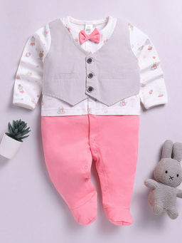 Hopscotch - Boys Pink and White Rocket Print Full-Sleeve Cotton Footie