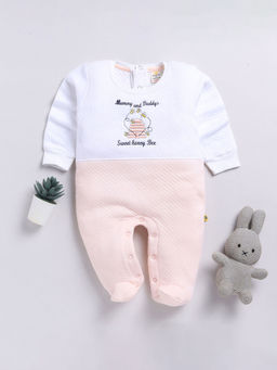 Hopscotch - Girls Pink and White Text Embroidered Full-Sleeve Cotton Footie