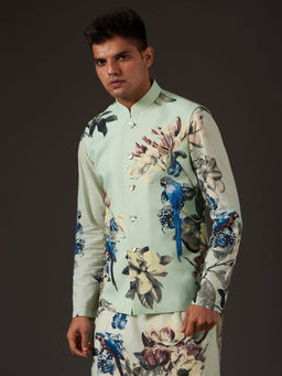 Rohit Bal - Sea Green Floral Digital Printed Nehru Jacket