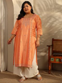 Extra love by Libas - Peach Embroidered Round Neck Kurta