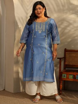 Extra love by Libas - Blue Embroidered Round Neck Kurta