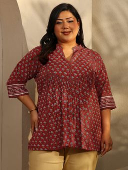 Extra love by Libas - Plus Size Women Maroon Floral Mandarin Neck Kurti