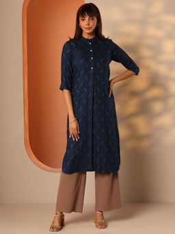 Libas - Blue Self Design Mandarin Neck Kurta (3XL)
