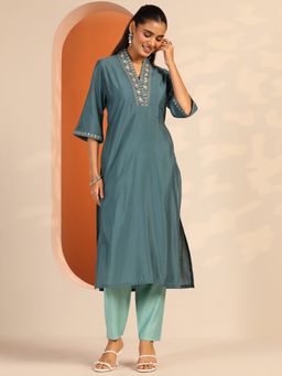 Libas - Blue Embroidered V-Neck Kurta (3XL)