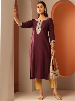 Libas - Maroon Embroidered Round Neck Kurta (3XL)