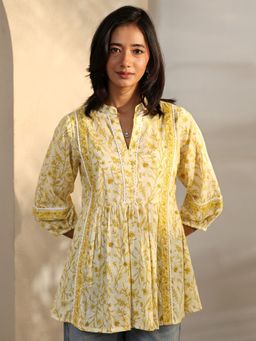 Libas - Yellow Printed Mandarin Neck Kurti