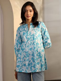 Libas - Blue Printed Mandarin Neck Kurti