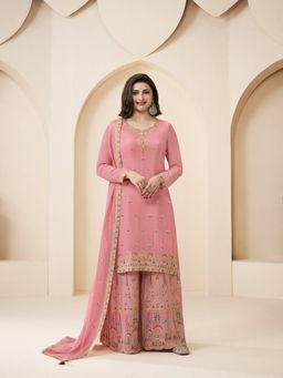 MEENA BAZAAR - Peach Embroidered Thread Work Unstitched Top and Bottom with Dupatta
