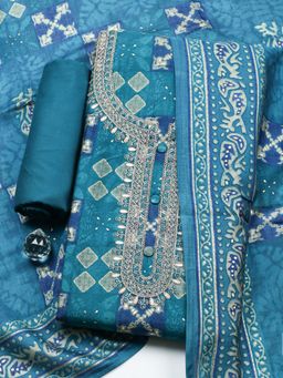 MEENA BAZAAR - Blue Embroidered Mirror Work Unstitched Top and Bottom with Dupatta