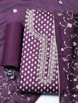 MEENA BAZAAR - Wine Embroidered Thread Work Unstitched Top and Bottom with Dupatta