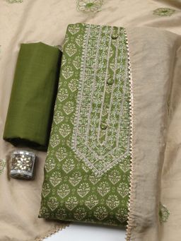 MEENA BAZAAR - Green Embroidered Thread Work Unstitched Top and Bottom with Dupatta