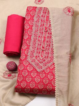 MEENA BAZAAR - Pink Embroidered Thread Work Unstitched Top and Bottom with Dupatta