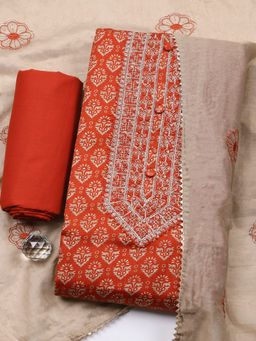 MEENA BAZAAR - Rust Embroidered Thread Work Unstitched Top and Bottom with Dupatta