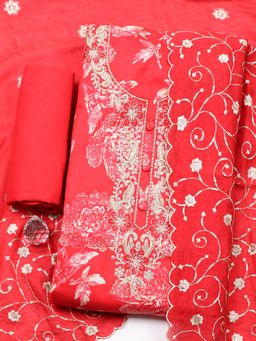 MEENA BAZAAR - Red Floral Sequined Unstitched Top and Bottom with Dupatta
