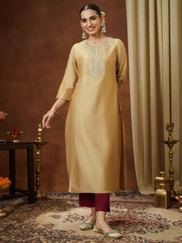 Janasya - Beige Embroidered Round Neck Kurta