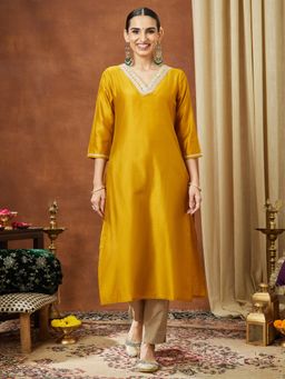 Janasya - Mustard Embroidered V-Neck Kurta