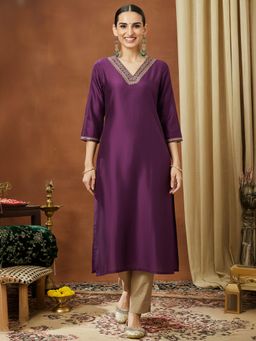 Janasya - Wine Embroidered V-Neck Kurta