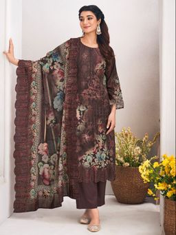 Stylee LIFESTYLE - Brown Floral Printed Unstitched Top and Bottom with Dupatta