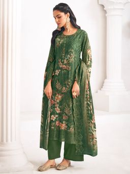 Stylee LIFESTYLE - Green Floral Printed Unstitched Top and Bottom with Dupatta