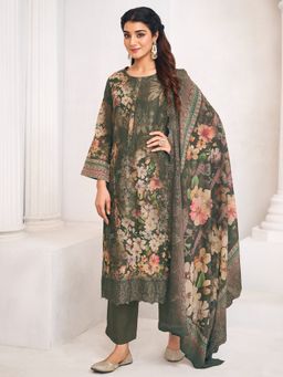 Stylee LIFESTYLE - Olive Floral Printed Unstitched Top and Bottom with Dupatta