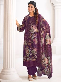 Stylee LIFESTYLE - Purple Floral Printed Unstitched Top and Bottom with Dupatta
