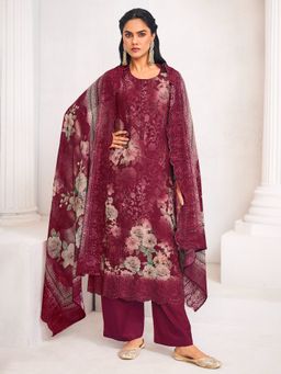 Stylee LIFESTYLE - Maroon Floral Printed Unstitched Top and Bottom with Dupatta
