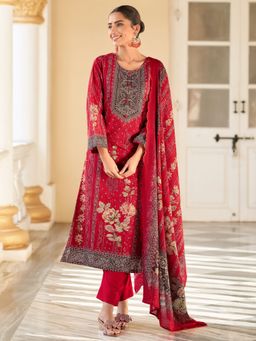 Stylee LIFESTYLE - Red Floral Printed Unstitched Top and Bottom with Dupatta