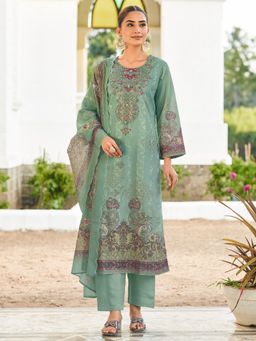 Stylee LIFESTYLE - Teal Printed Unstitched Top and Bottom with Dupatta