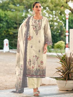 Stylee LIFESTYLE - Cream Floral Printed Unstitched Top and Bottom with Dupatta