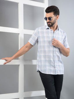 CRIMSOUNE CLUB - Men Blue Checked Linen Shirt