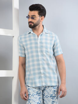 CRIMSOUNE CLUB - Men Blue Checked Pure Cotton Shirt