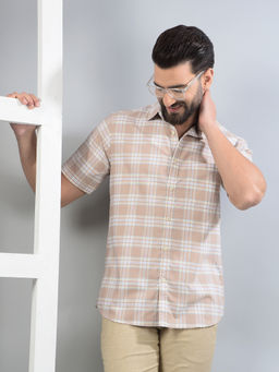CRIMSOUNE CLUB - Men Khaki Checked Pure Cotton Shirt