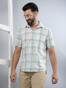 CRIMSOUNE CLUB - Men Blue Checked Linen Shirt