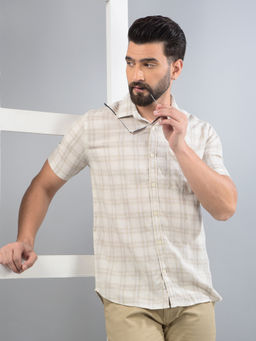CRIMSOUNE CLUB - Men Beige Checked Linen Shirt