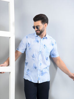 CRIMSOUNE CLUB - Men Blue Floral Print Linen Shirt