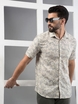 CRIMSOUNE CLUB - Men Beige Floral Print Linen Shirt