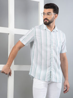 CRIMSOUNE CLUB - Men Green Vertical Stripes Linen Shirt