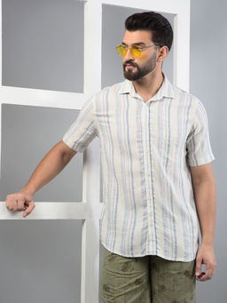 CRIMSOUNE CLUB - Men Blue Vertical Stripes Linen Shirt