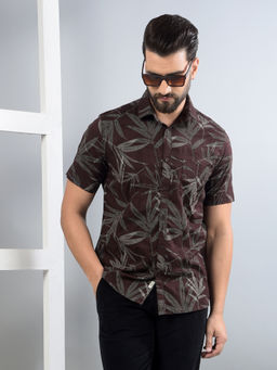 CRIMSOUNE CLUB - Men Brown Floral Print Pure Cotton Shirt