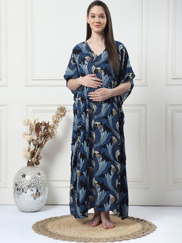 Secret Wish - Printed Navy Blue Rayon Maternity Kaftan
