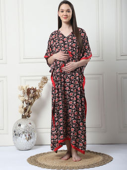 Secret Wish - Floral Print Black Rayon Maternity Kaftan