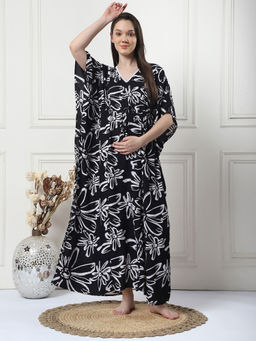 Secret Wish - Floral Print Black Rayon Maternity Kaftan